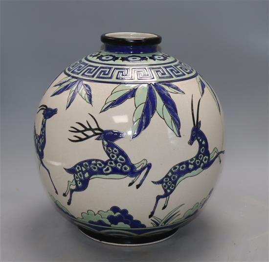 A Keralouve Art Deco style pottery vase decorated with leaping antelope, height 30cm